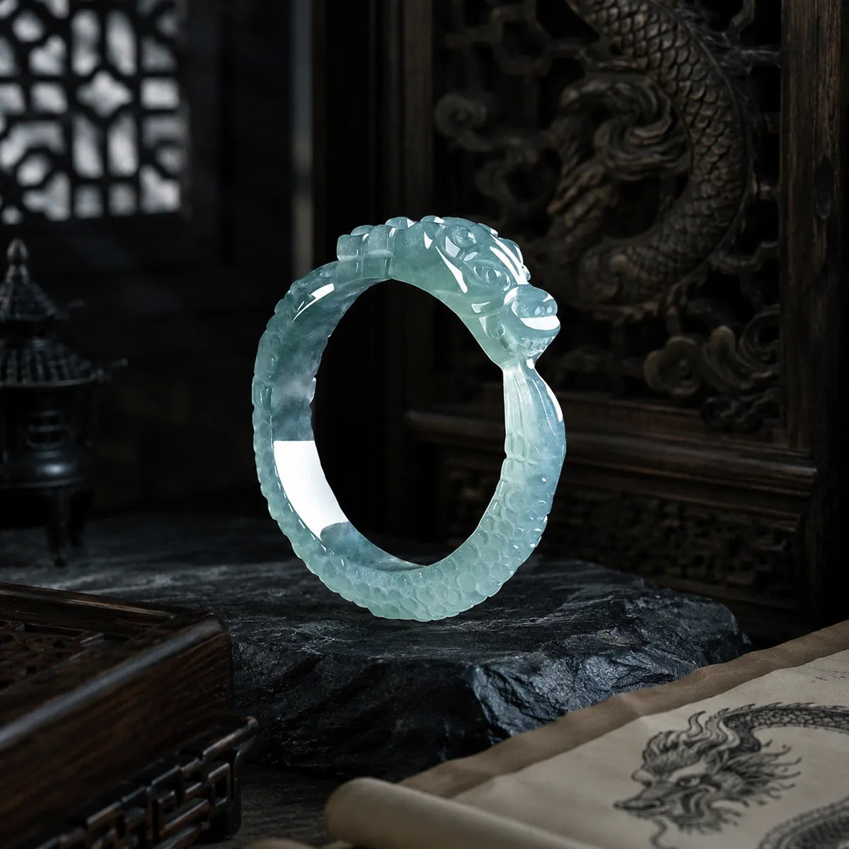 Anneau dragon en jade bleu vert style vintage symbolique