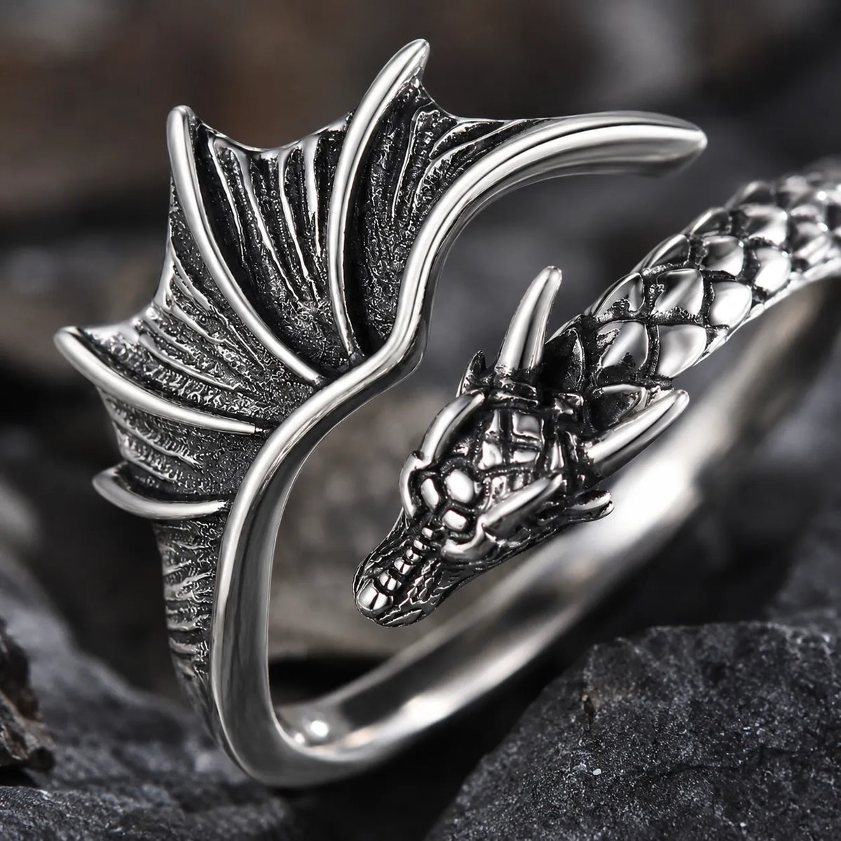 anneau dragon viking aile sculptée