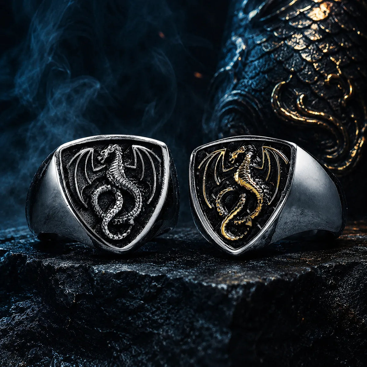 bague bouclier dragon relief argenté