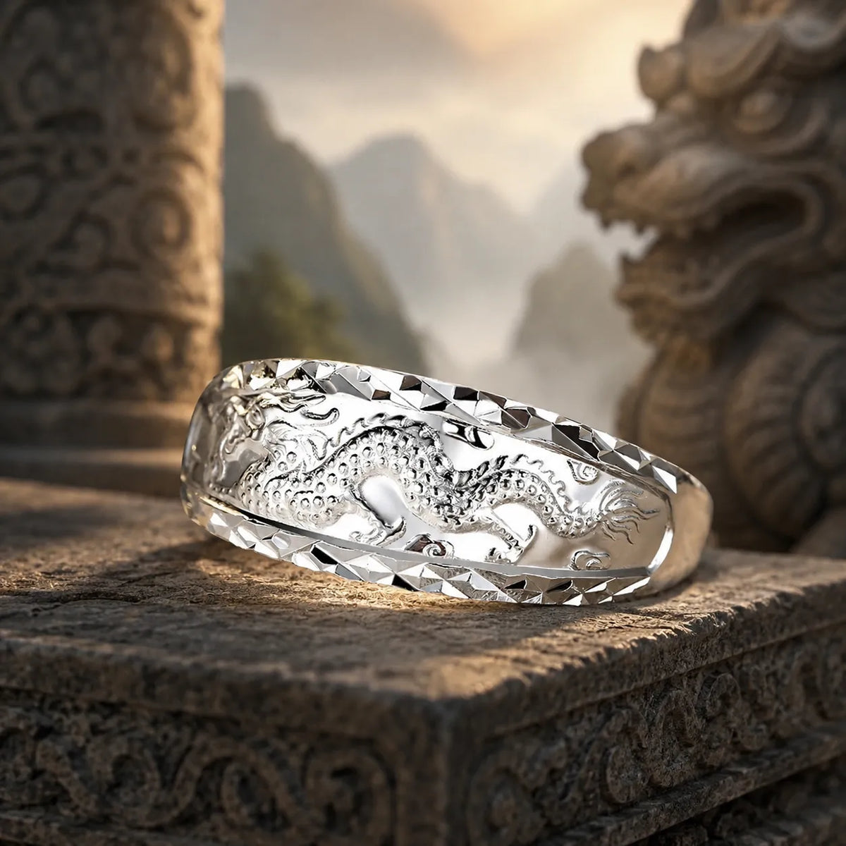 bague draconique argent gravure orientale