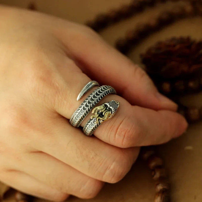 Bague dragon argent 925 ajustable ecailles gravées
