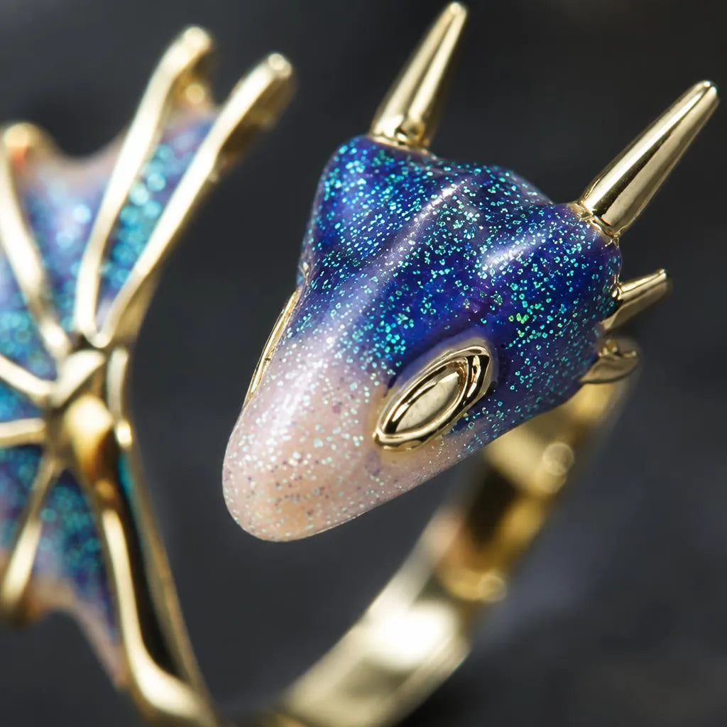 bague dragon bleu ajustable aile scintillantes