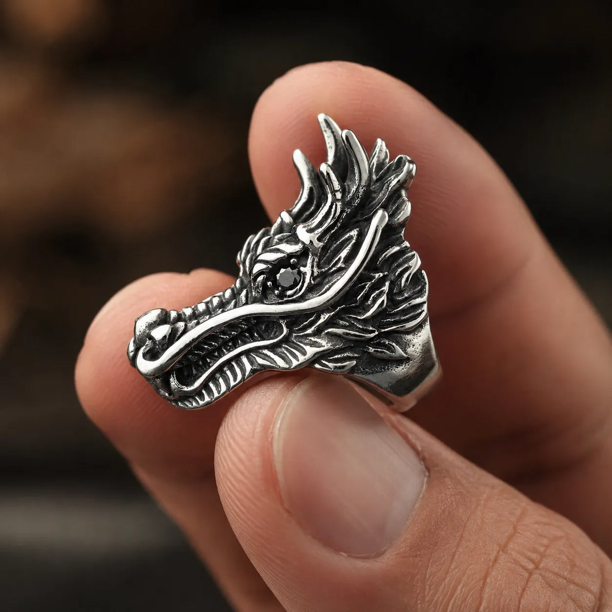 Bague Tête de Dragon acier style médiéval premium