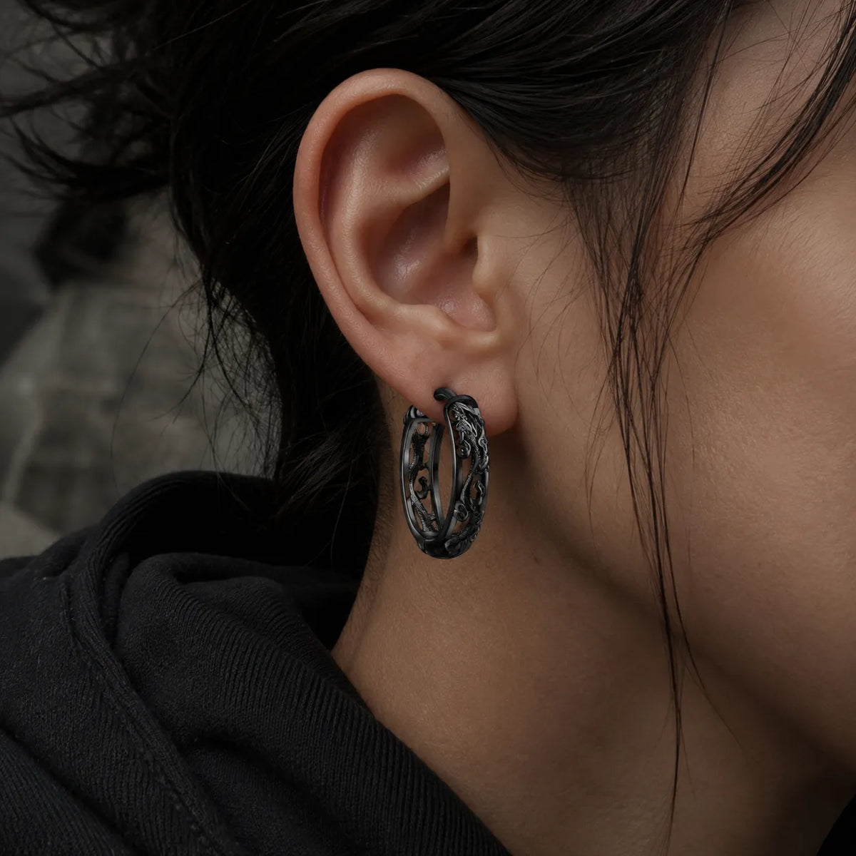 Boucle d'Oreilles Dragon Noir argent 925