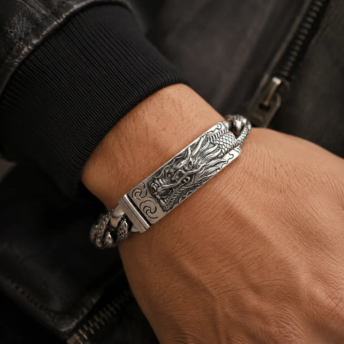 bracelet homme dragon argent plaqué gravée