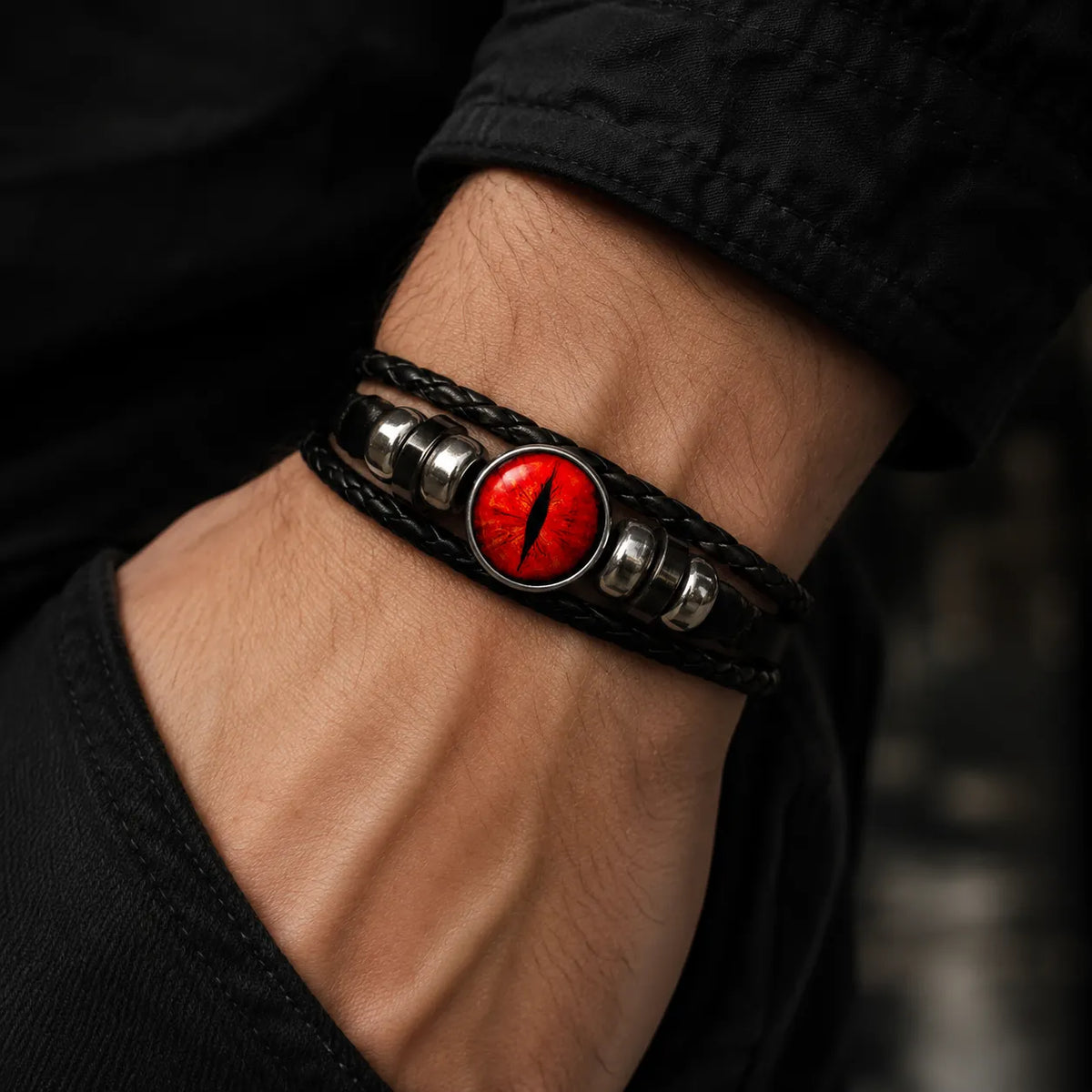 Bracelet Oeil de Dragon cuir noir réglable