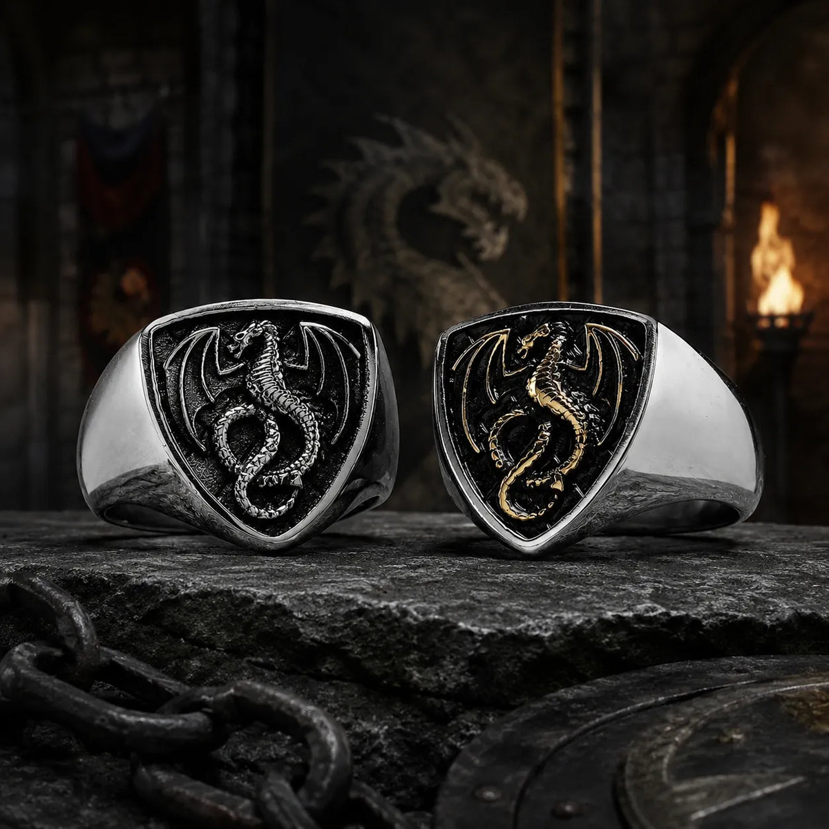 Chevalière Dragon dorée style fantasy