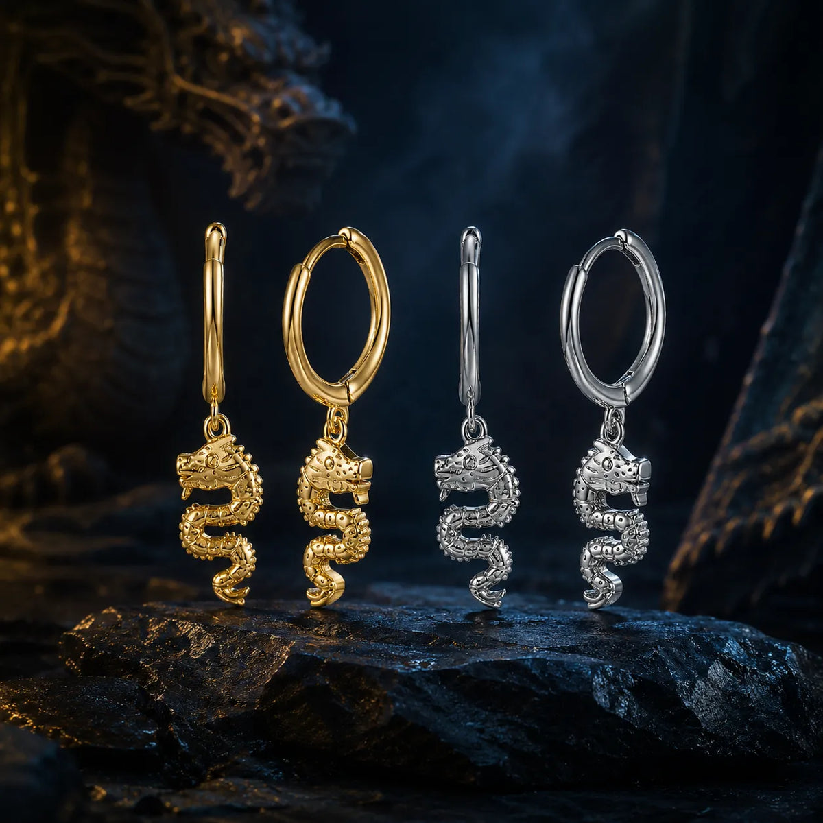 créoles dragon pendantes dorées argentées