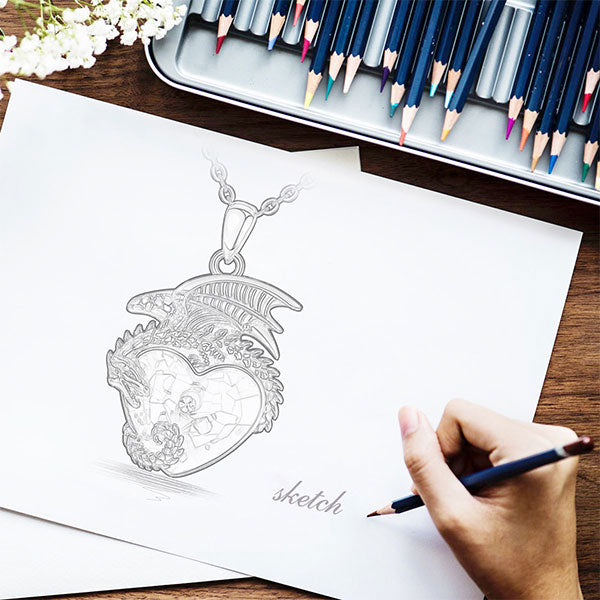 Collier Dragon Coeur Bleu (Argent)