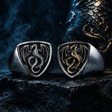 bague bouclier dragon relief argenté