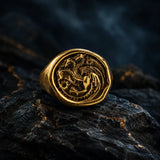 bague sceau dragon relief plaque or 18 carats